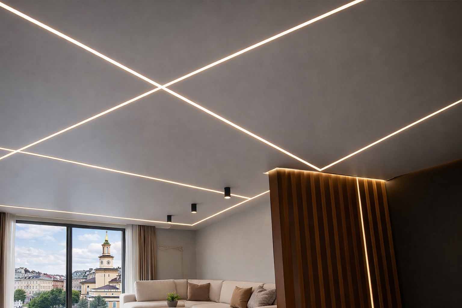 Натяжна стеля з LED-лініями в сучасному інтер’єрі в Івано-Франківську